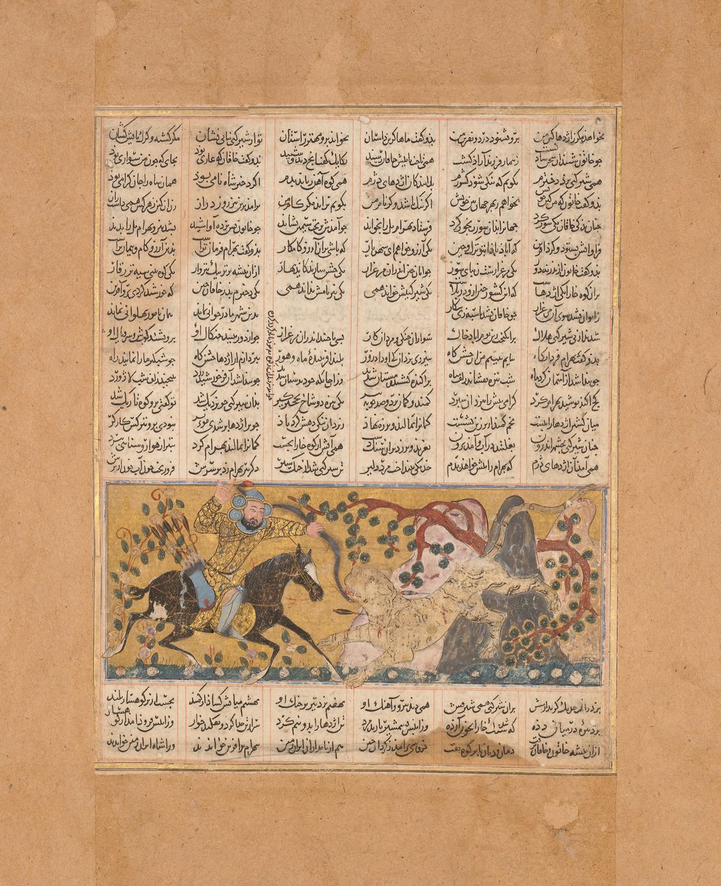 Bahram Chubina megöli az oroszlán alakú majomszörnyet, Folio egy Shahnamából..., kb. 1300-30. alkotó: Unbekannt