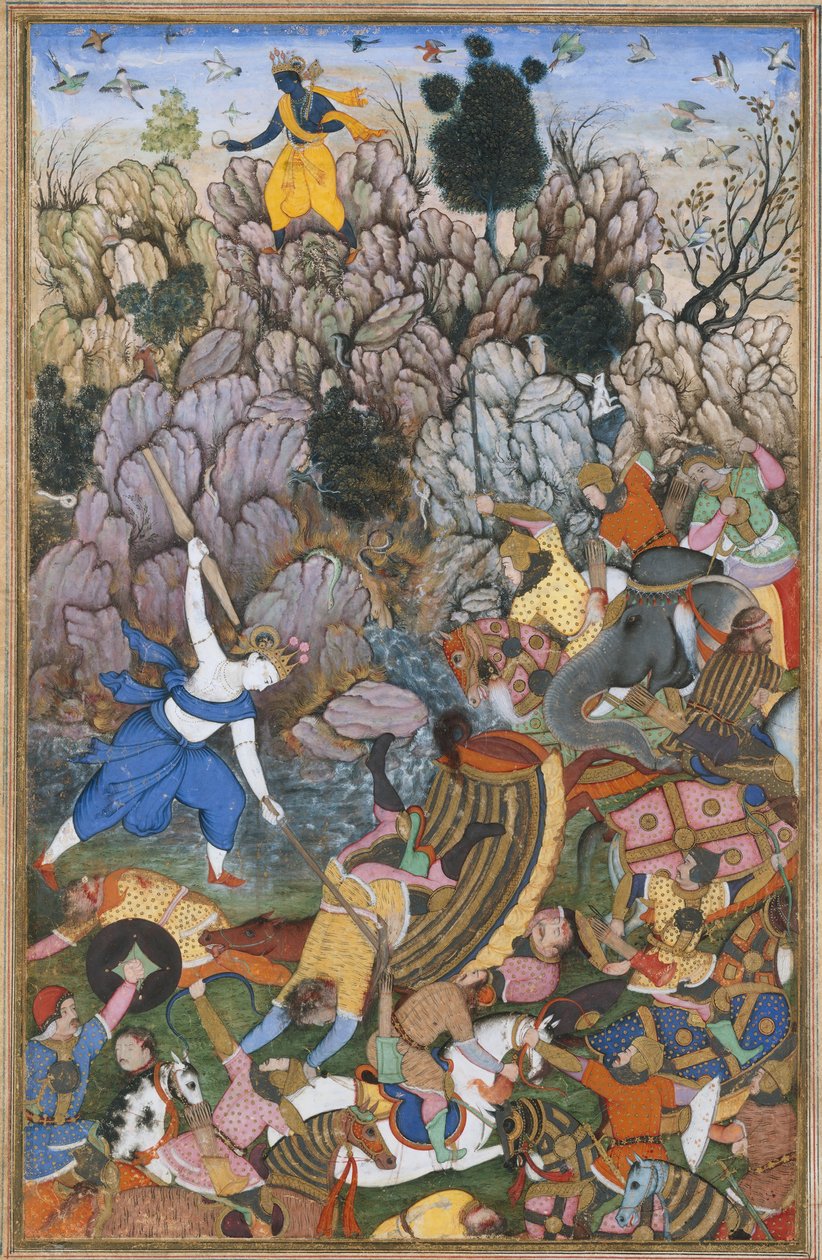 Balarama és Krishna harcol az ellenség ellen, Folio egy Harivamsa Legend of..., kb. 1590-95. alkotó: Unbekannt