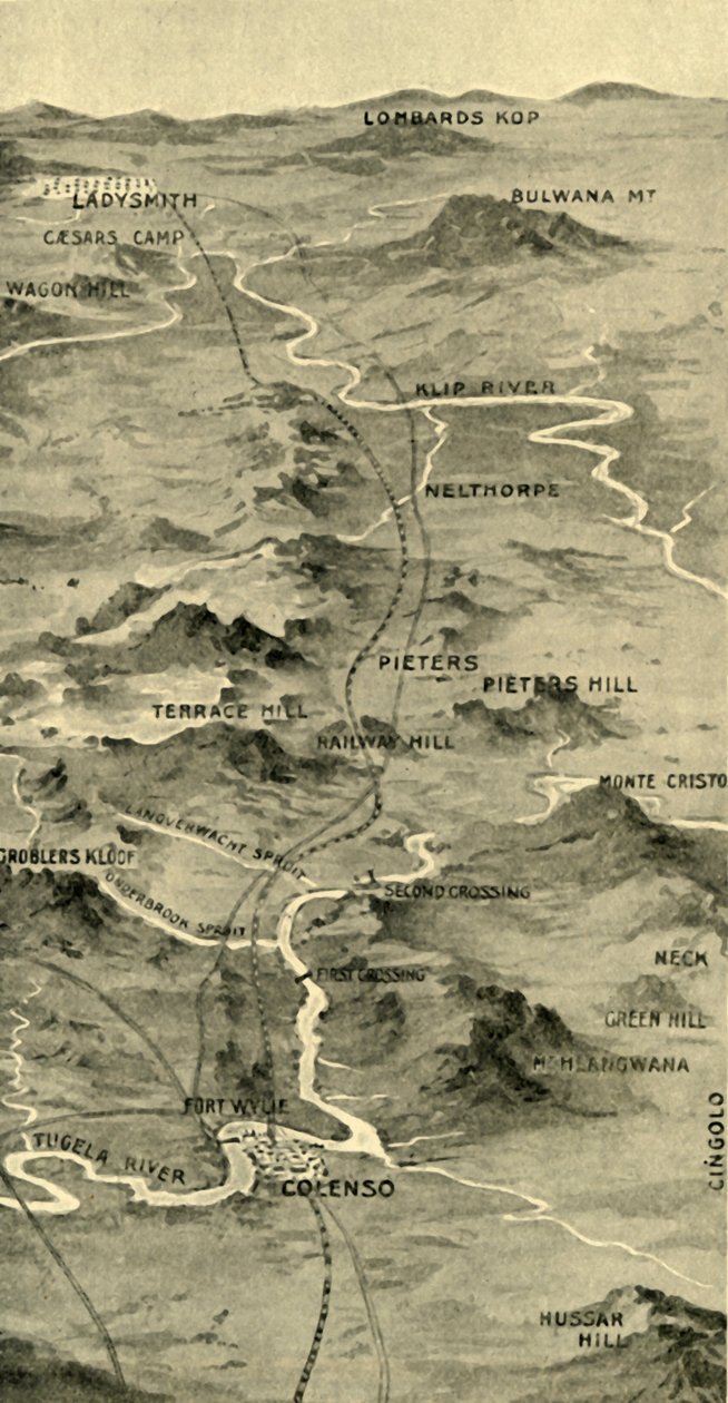 "Léggömb térkép, amely a Pieters-i csatát és a Ladysmith-i domborművet illusztrálja", 1900. alkotó: Unbekannt