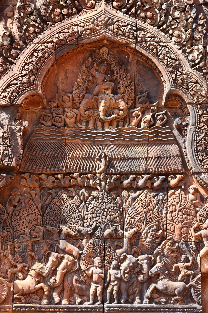 Banteay Srei templom Angkorban, Kambodzsában. Bonyolultan faragott. Siem Reap Kambodzsa alkotó: Unbekannt