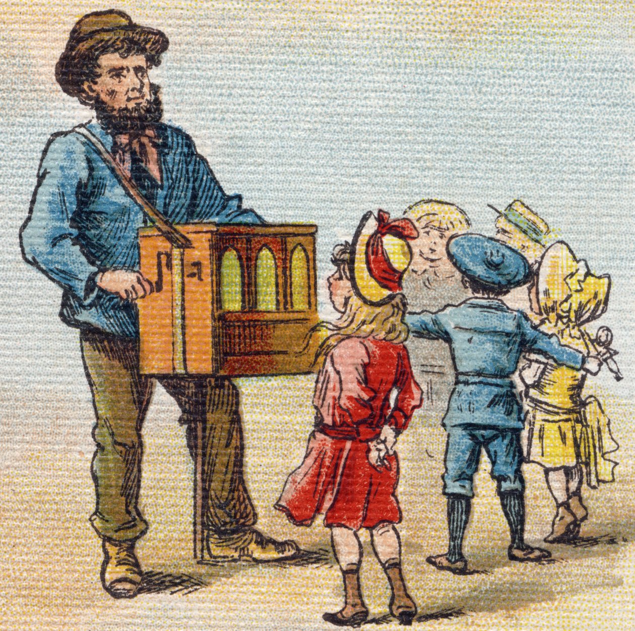 Barbár orgona. Metszet "Alphabet de ma petite fille". Bernardin-Bechet és Fils, könyvkereskedő-kiadók, Párizs, 1895 körül. Törhetetlen album vásznon. Bibliotheque des Bebes. 12 oldal. Olvasási módszert és szemléltető abeccedert tartalmazó album. alkotó: Unbekannt