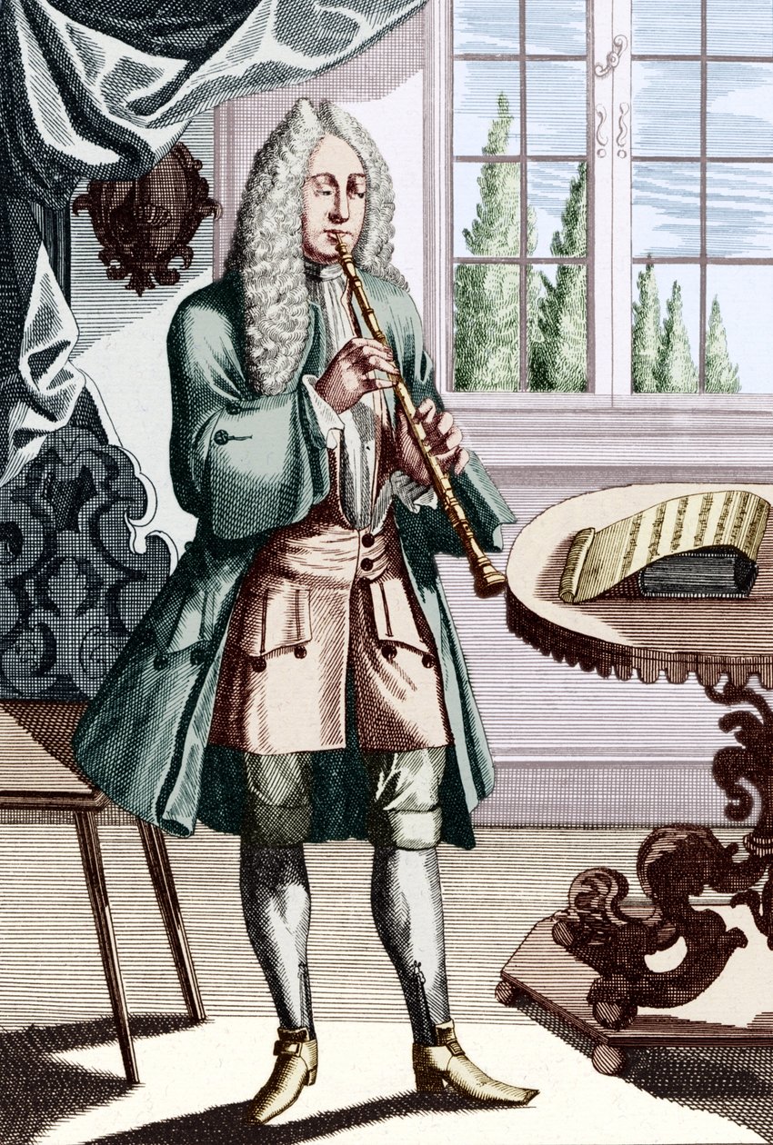 A barokk oboa zenész felirata így hangzik: Férfi hautboyt (vagy hautbois-t) játszik, amely korai oboametszete J C Weigel (1661-1726) a Musikalisches Theatrumból. alkotó: Unbekannt