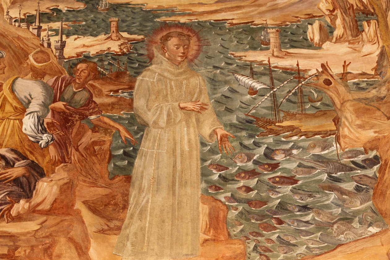 Basilica di Santa Caterina, Galatina, Puglia Freskó a kolostorban: Szent Antal prédikál a halaknak. Festette: Gravinai Br József 1696-ban, Galatina, Olaszország alkotó: Unbekannt