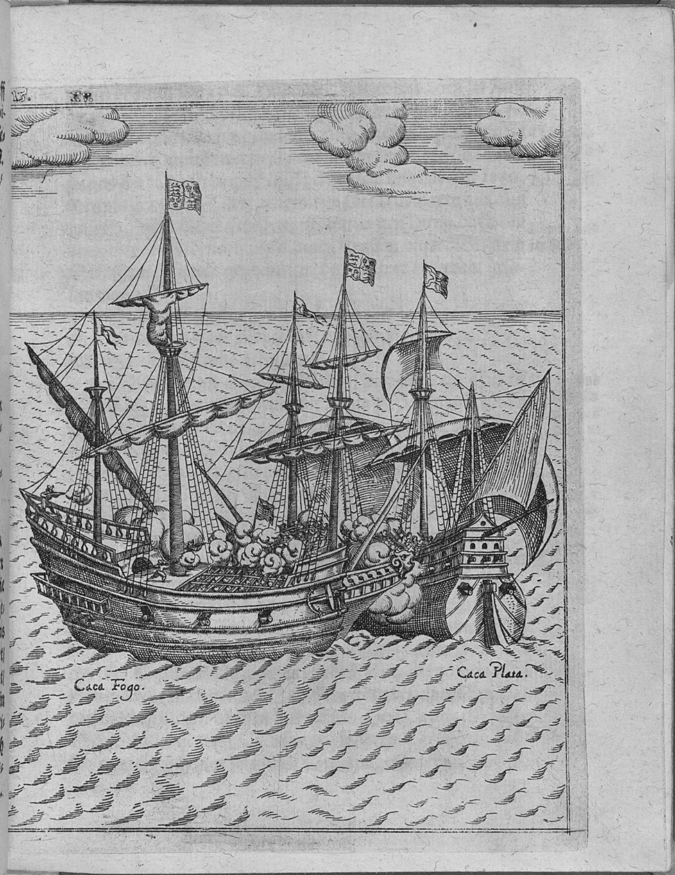 Csata Francis Drakes Golden Hind hajó és a spanyol Cacafuego hajó között. Levinus Hulsiutól alkotó: Unbekannt