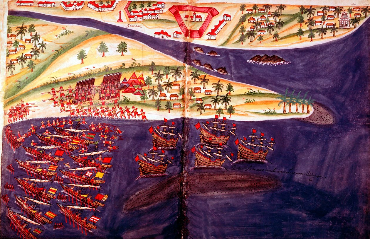 Csata muzulmánok és portugálok között Suratban, Gujarat állam Bombay közelében, India, XVI. század alkotó: Unbekannt