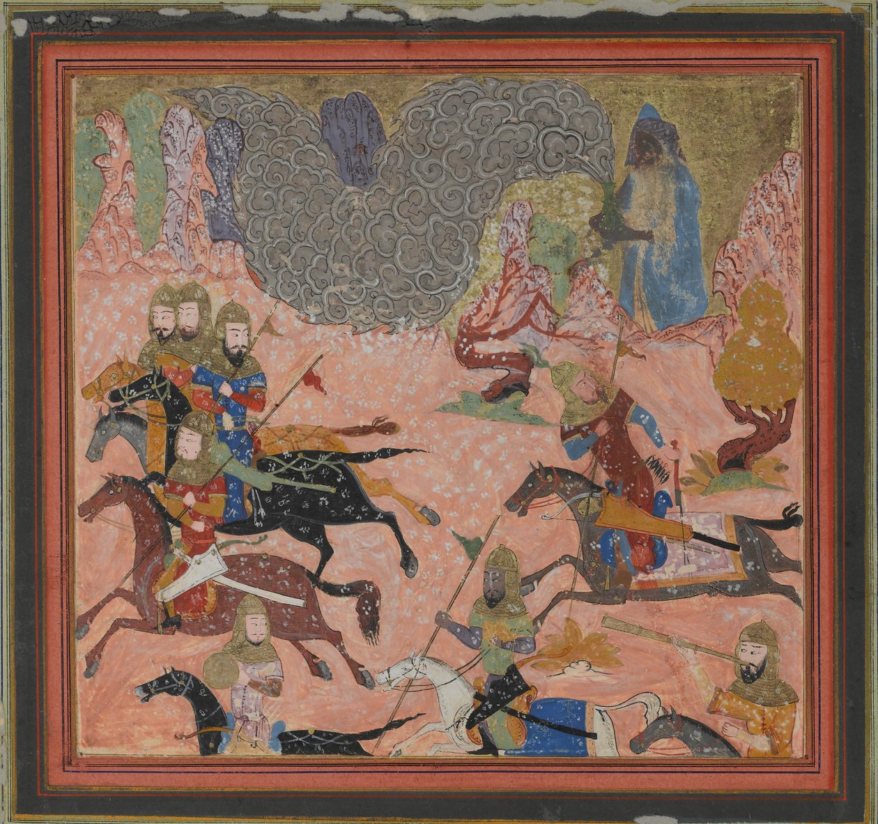 Bazur, a varázsló, Sötétséget és vihart emel, Folio egy Shahnamából..., kb. 1430-40. alkotó: Unbekannt