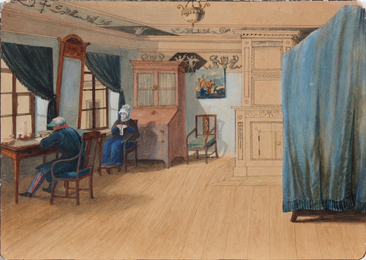 Hálószoba belső. Jegor Francevics Kankrin gróf 1774-1845 az íróasztalánál, 1820-as évek alkotó: Unbekannt