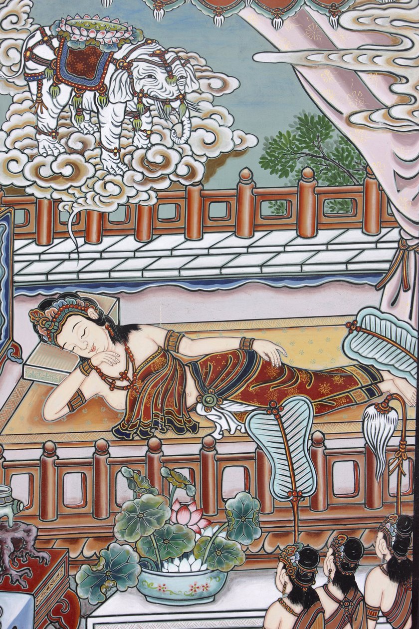 Siddartha Gautama születése előtt édesanyja egy fehér elefántról álmodott, aki lótuszvirágot ajándékoz neki, Szöul, Coree du Sud alkotó: Unbekannt