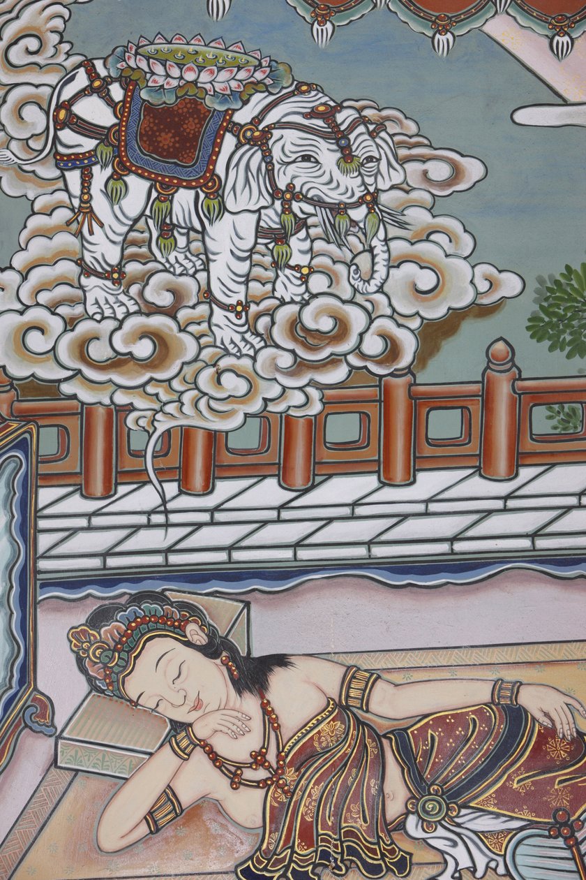 Siddartha Gautama születése előtt édesanyja egy fehér elefántról álmodott, aki lótuszvirágot ajándékoz neki, Szöul, Coree du Sud alkotó: Unbekannt