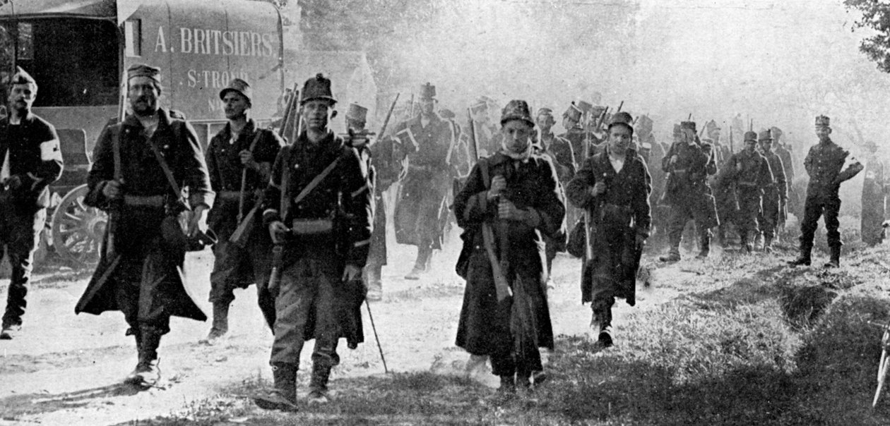 Belga csapatok közelednek a csata színhelyéhez, első világháború, 1914 alkotó: Unbekannt