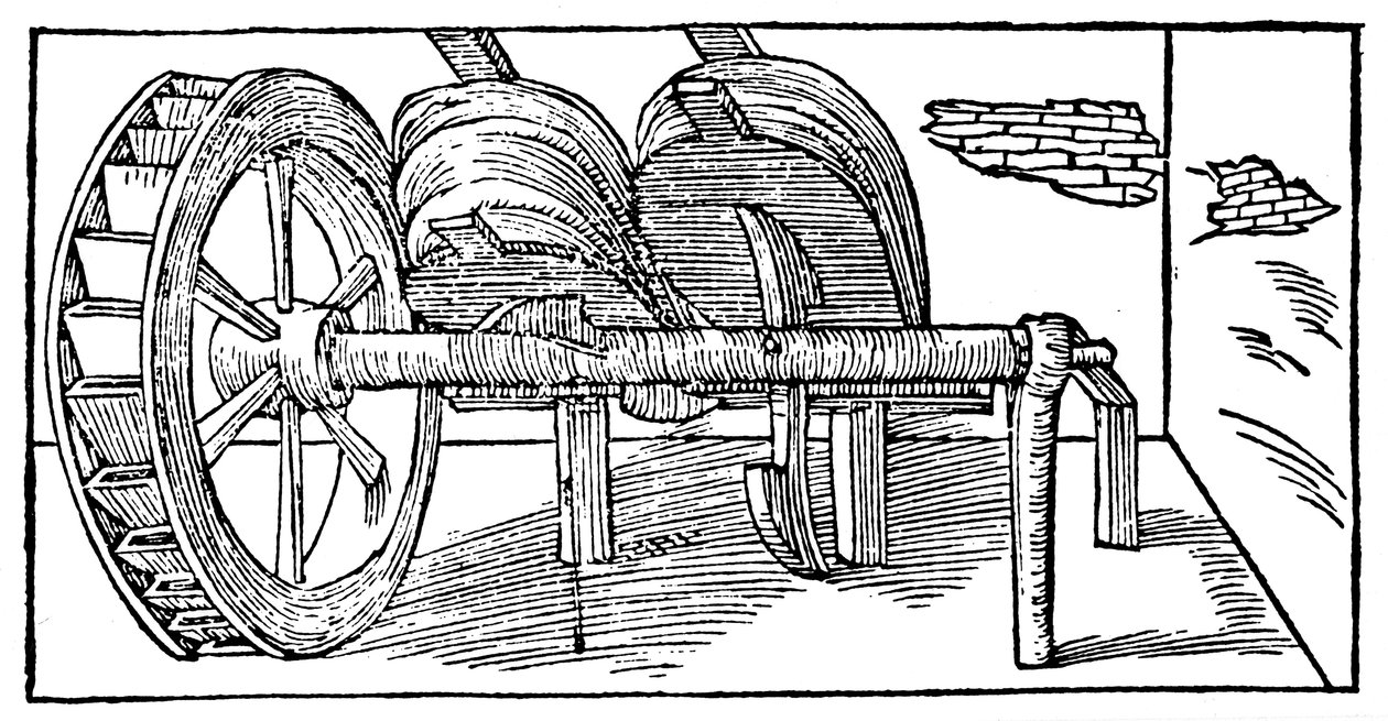Vízikerékkel hajtott vezérműtengellyel hajtott fújtató, 1540 alkotó: Unbekannt