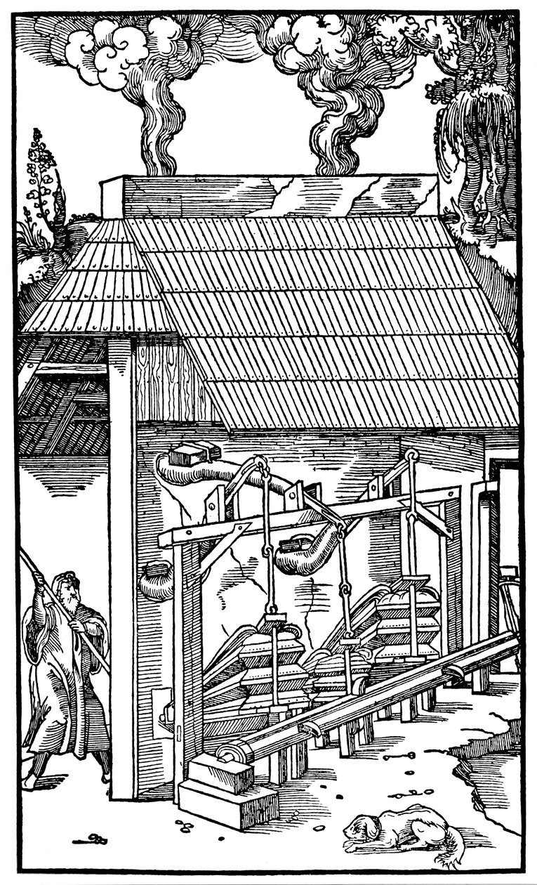 Az olvasztókemence huzatát biztosító fújtató, 1556 alkotó: Unbekannt