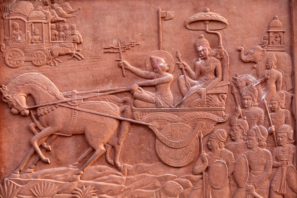 A hindu templomba vésett Bhagavad Gita: Krishna vezeti Arjuna árnyékát alkotó: Unbekannt