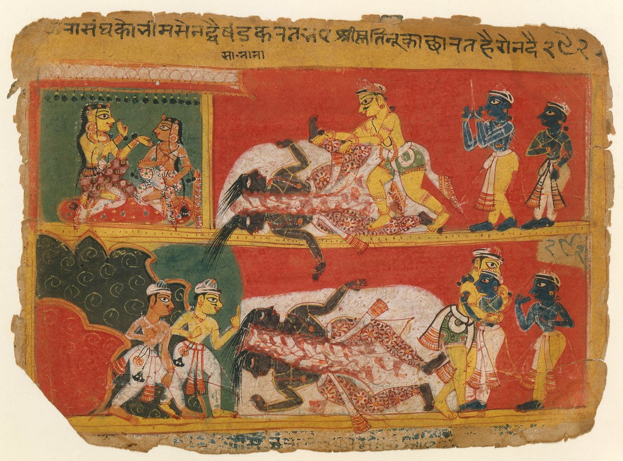 Bhima Slice Jarasandha: Oldalak a Bhagavata Purana kéziratból, kb. 1540. alkotó: Unbekannt