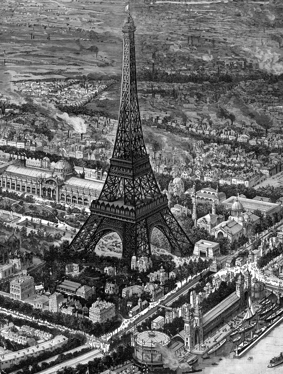 Madártávlat az Eiffel-toronyról az 1889-es párizsi kiállítás megnyitásakor alkotó: Unbekannt