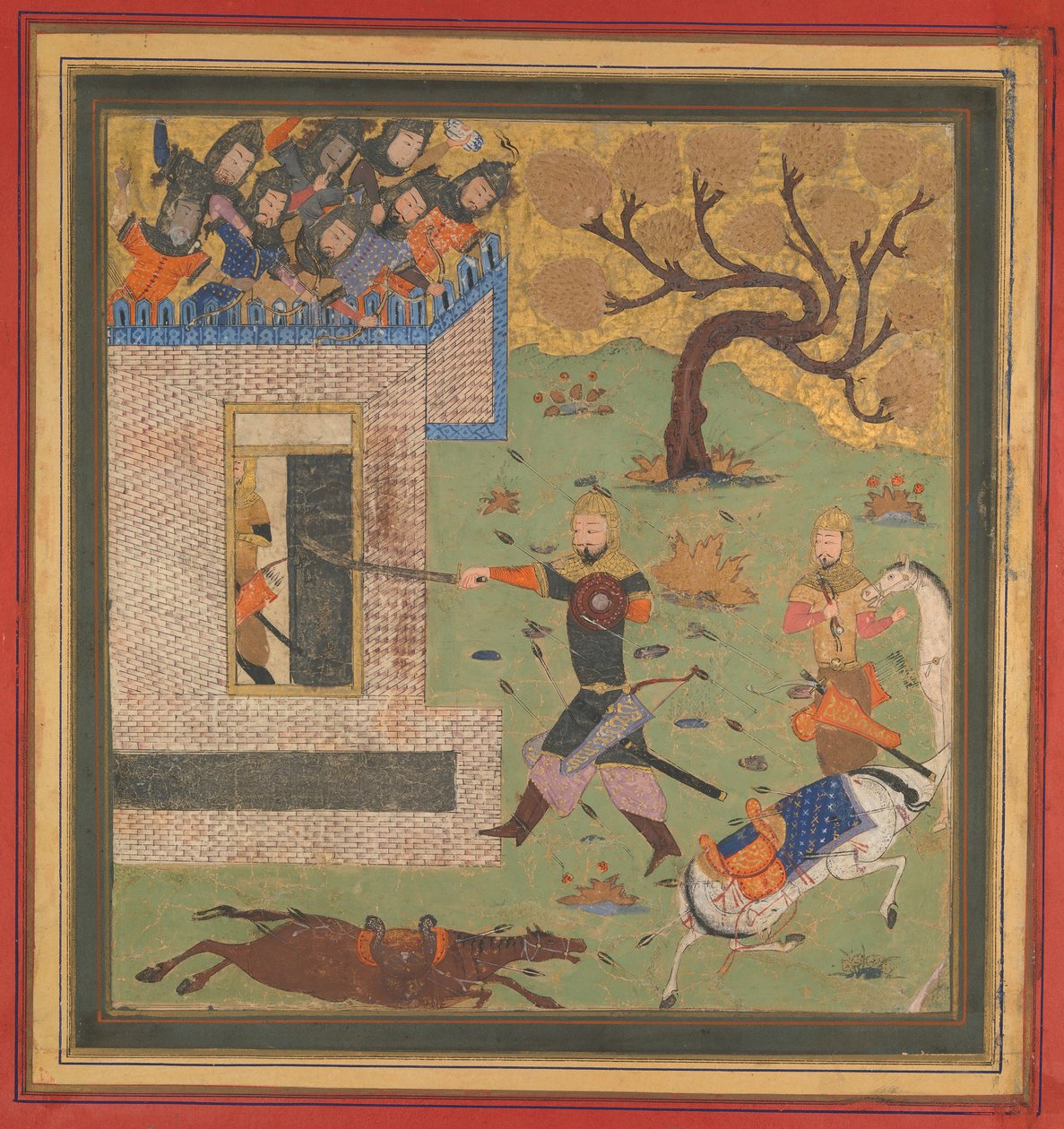 Bizhan arra kényszeríti Farudot, hogy visszavonuljon az erődjébe, folio a Shahnama királyok könyvéből, 1430-40. alkotó: Unbekannt