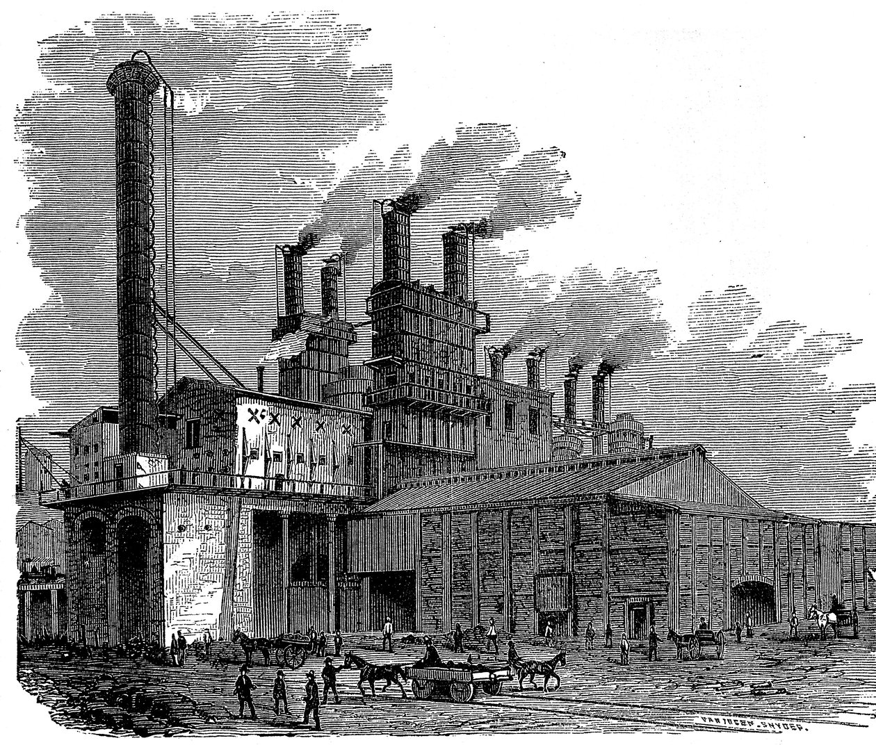 Nagyolvasztó kemencék a Phoenix Iron and Bridge Works-ben, Phoenixville, Pennsylvania, USA, 1873 alkotó: Unbekannt