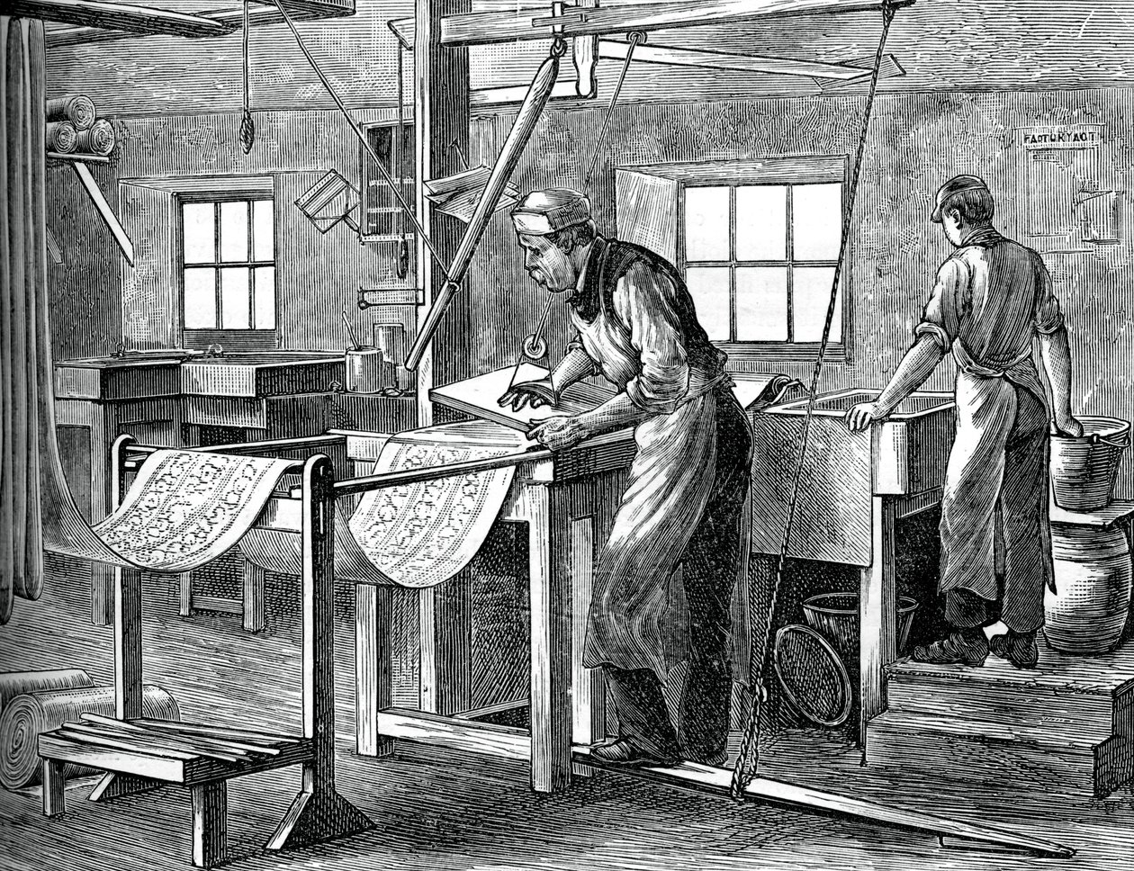 Blokknyomtatók munka közben, c1880 alkotó: Unbekannt
