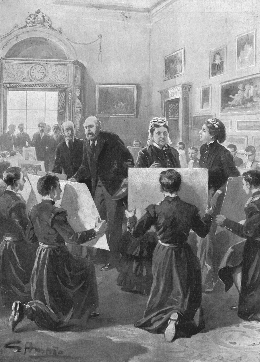 A kékkabátos fiúk rajzaikat mutatják Viktória királynőnek a Buckingham-palotában, 1873, 1901. alkotó: Unbekannt