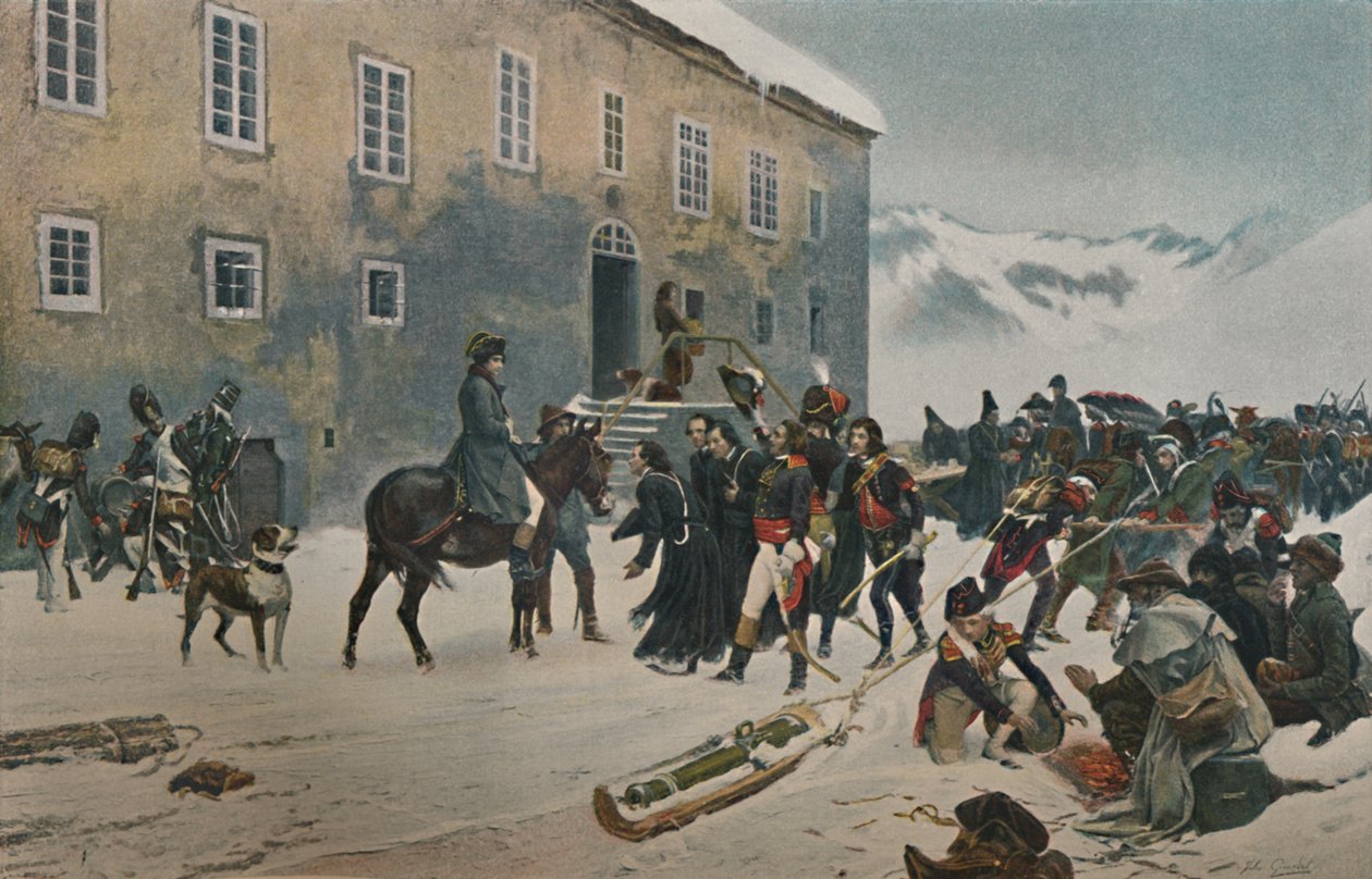 Bonaparte-ot a Szent Bernát-hegy szerzetesei fogadták. Alpok átvonulása, 1800. május 1896 alkotó: Unbekannt