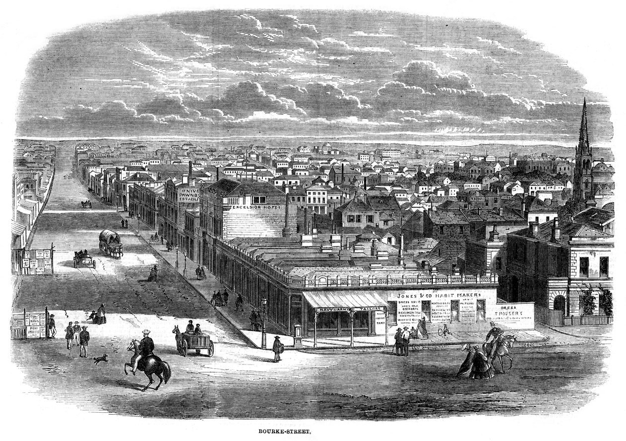 Bourke Street, Melbourne, Ausztrália, 1863 alkotó: Unbekannt