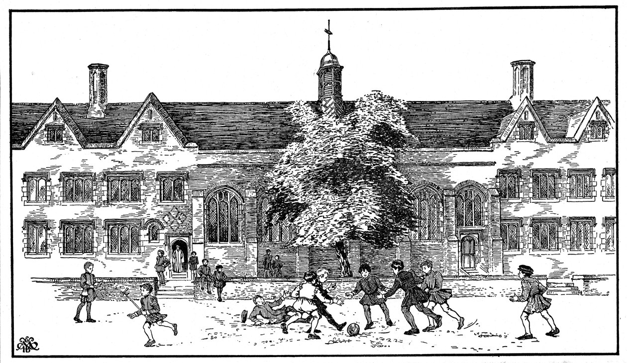 Fiúk a Tudor-korban fociznak a Berkhamsted Gimnáziumban, Hertfordshire-ben alkotó: Unbekannt