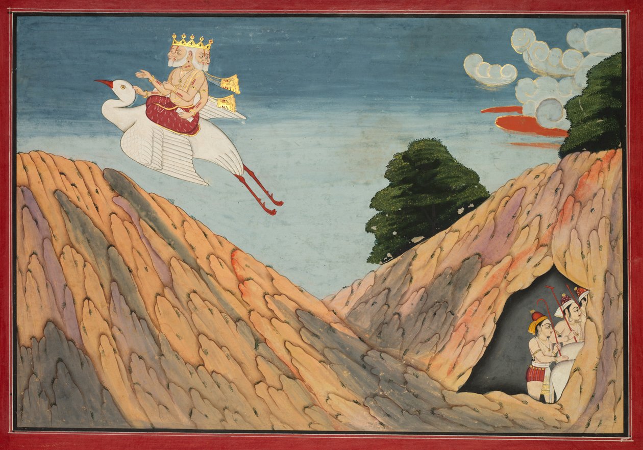 Brahma elrejti a tehénpásztorokat és a borjakat a barlangban, oldal egy Bhagavata Puránából, kb. 1760-1765. alkotó: Unbekannt