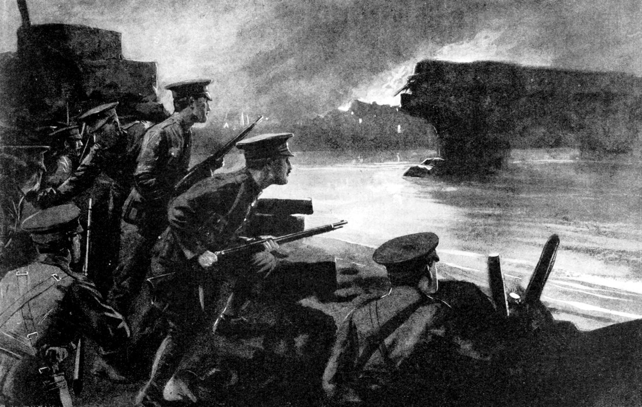 Brit csapatok a folyóparton német előrenyomulásra készülve, Belgium, első világháború, 1914 alkotó: Unbekannt