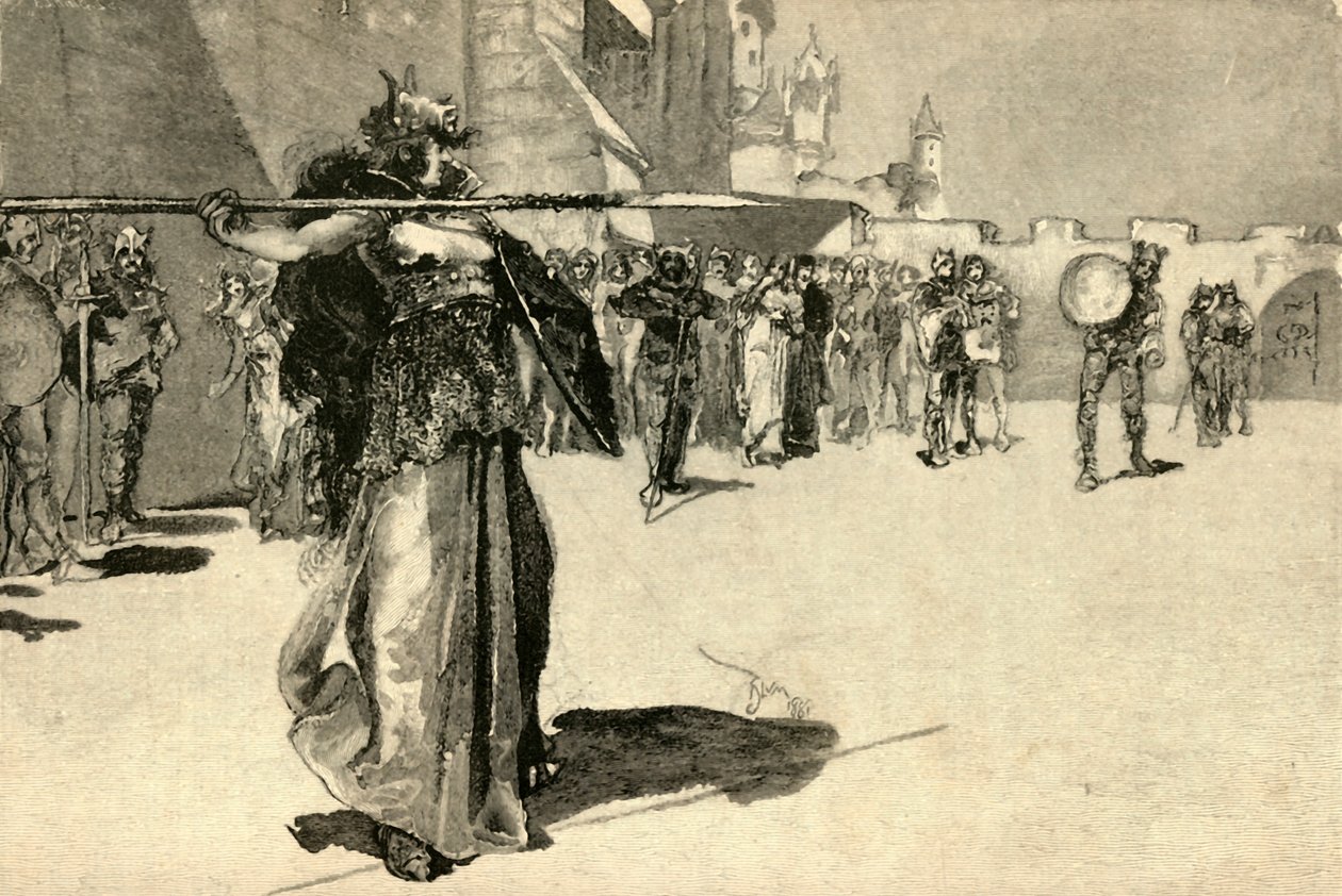 Brunhild, A harcos-királynő, Gunthers Shieldre löki lándzsáját, 1882. alkotó: Unbekannt