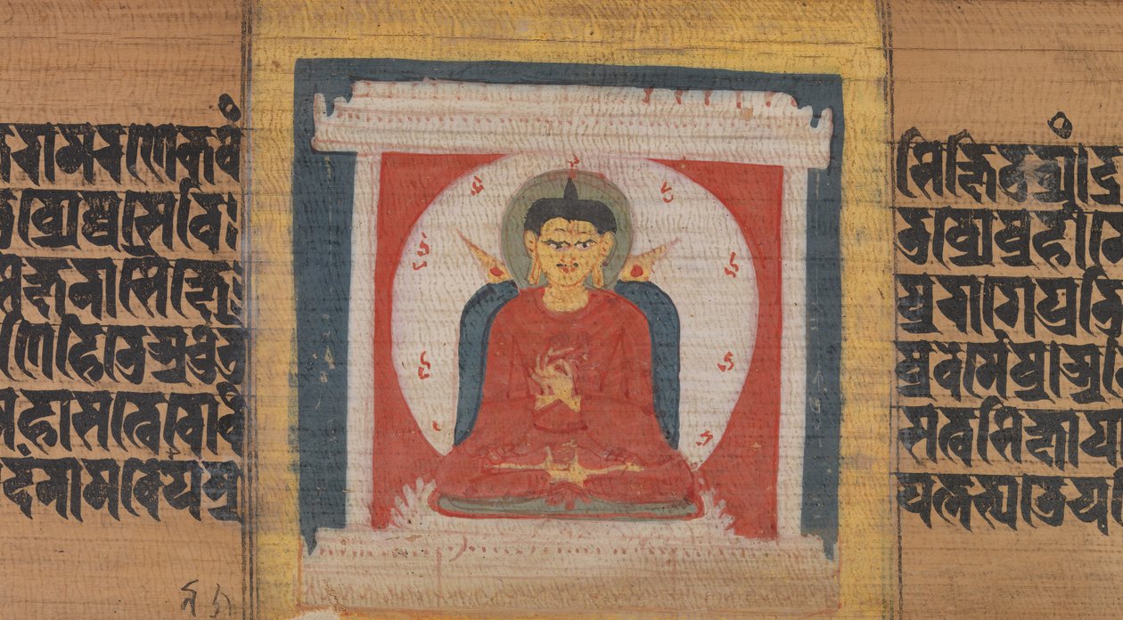 Buddha egy szentélyben trónol, levél a...Pancavimsatisahasrika Prajnaparamita...-ból, kb. 1090. alkotó: Unbekannt
