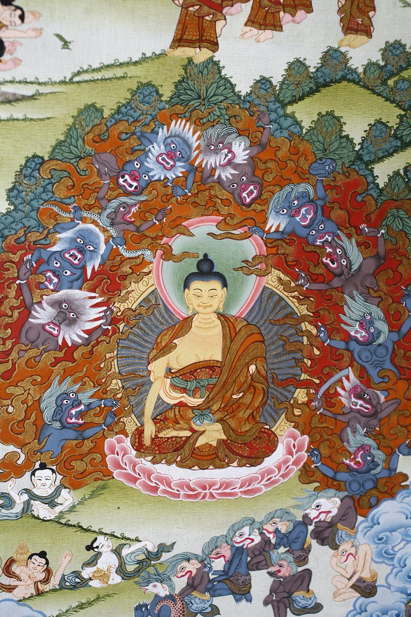 Buddha Shakya Muni kísértéssel körülvéve. Thangka, Bhaktapur, Nepál alkotó: Unbekannt