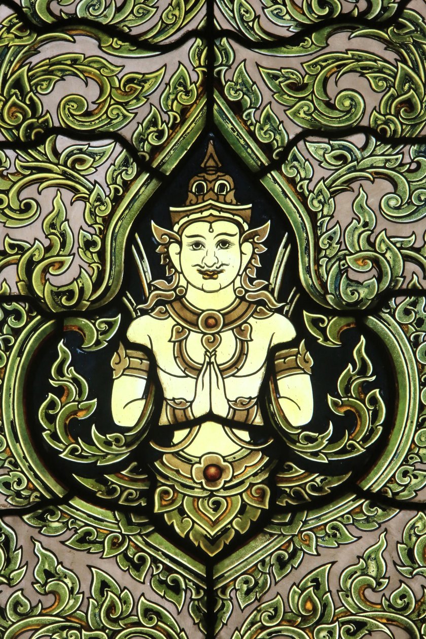 Buddha. Ólomüveg ablak. Márvány templom. Wat Benchamabophit Dusitvanaram Ratchaworawiharn. 1899. Bangkok. Thaiföld alkotó: Unbekannt
