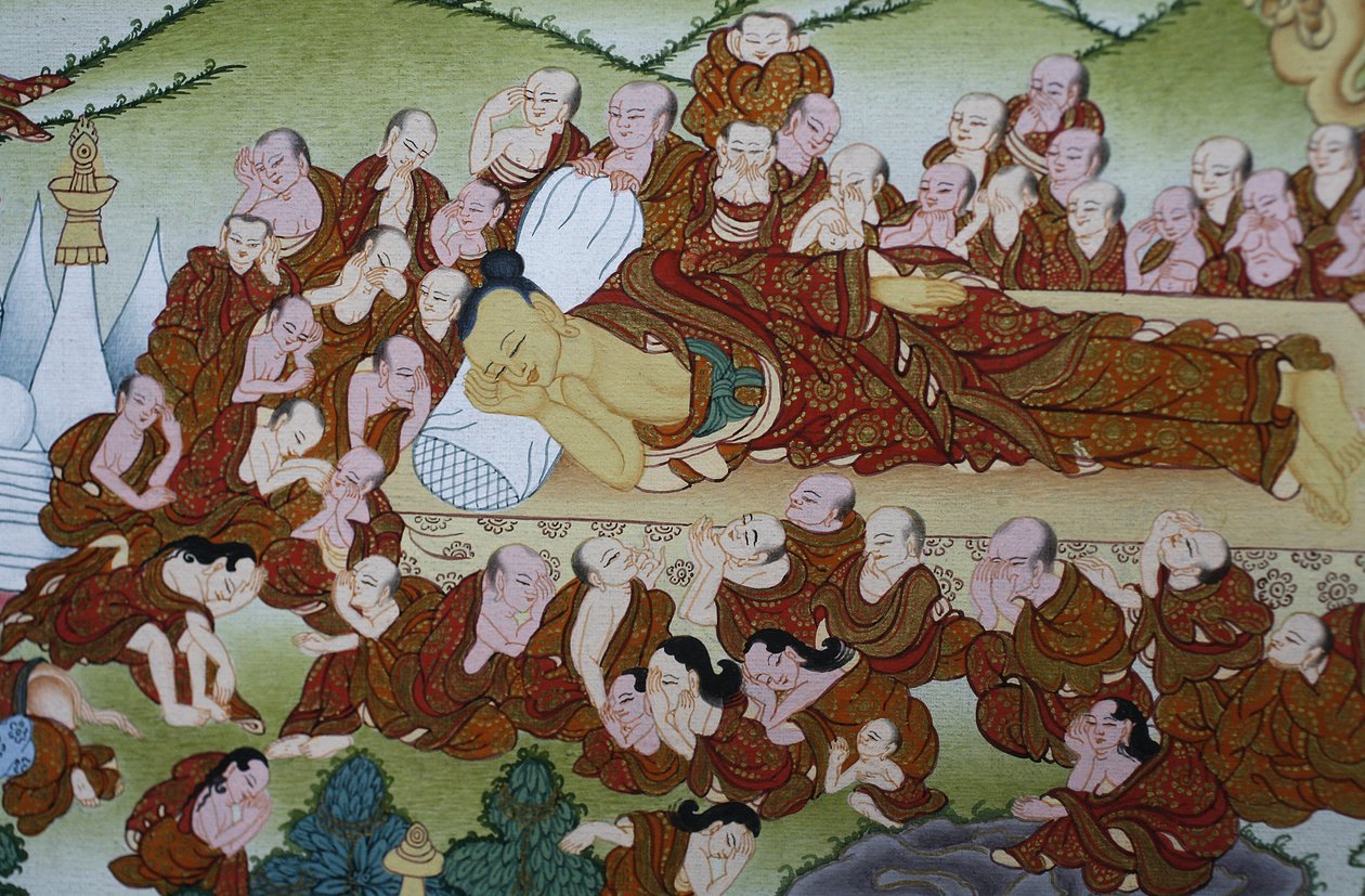 Buddha halála és Parinirvána. Thangka, Bhaktapur, Nepál alkotó: Unbekannt