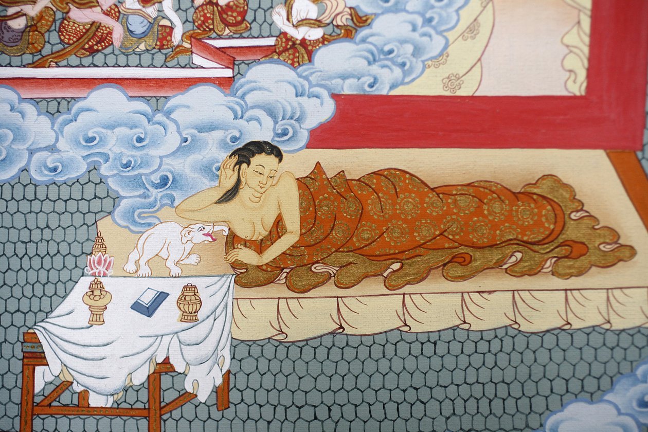 Buddha anyja fehér elefántról álmodik. Thangka, Bhaktapur, Nepál alkotó: Unbekannt