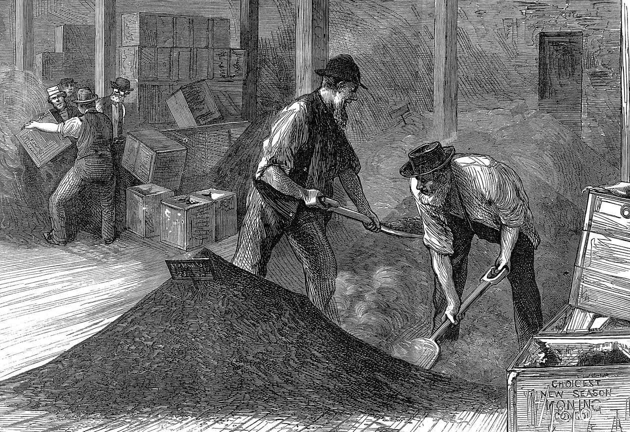 Tömeges tea az East & West India Dock Company raktáraiban, London, 1874 alkotó: Unbekannt
