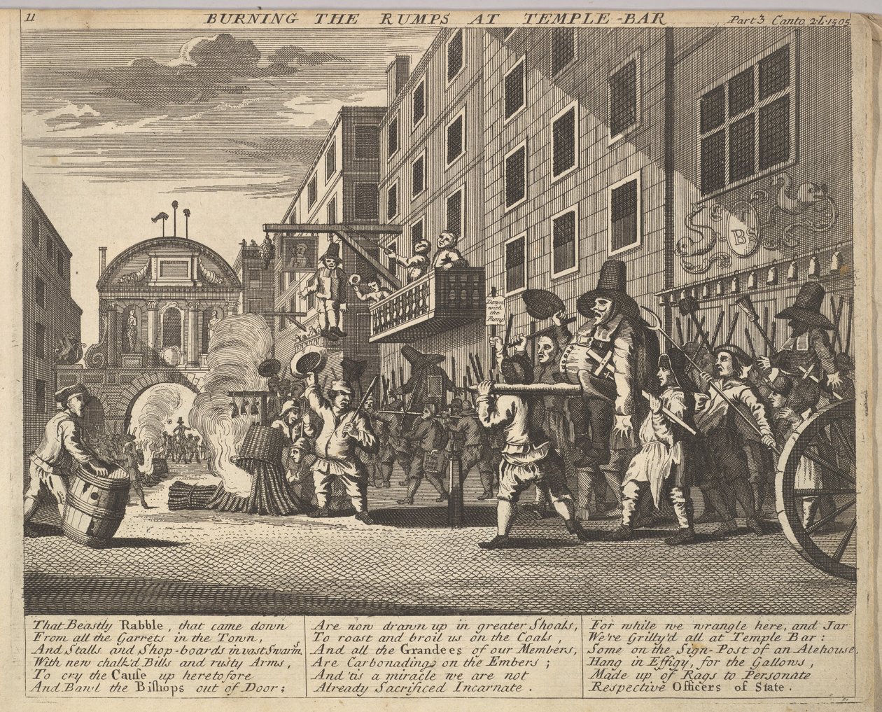 Burning the Rumps at Temple Bar 11. tábla: Illusztrációk Samuel Butlers Hudibrashoz, 1725-30. alkotó: Unbekannt