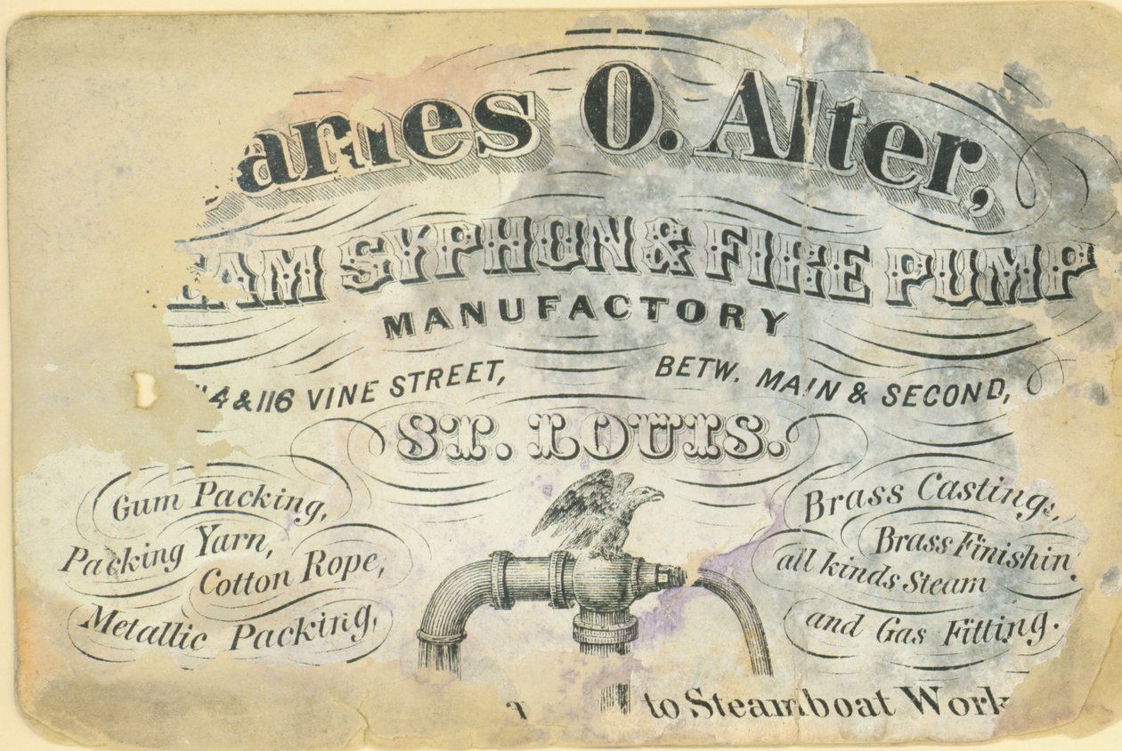 James O. Alter névjegykártyája, gőzszifon és tűzszivattyús manufaktúra, St. Louis, kb. 1870 alkotó: Unbekannt