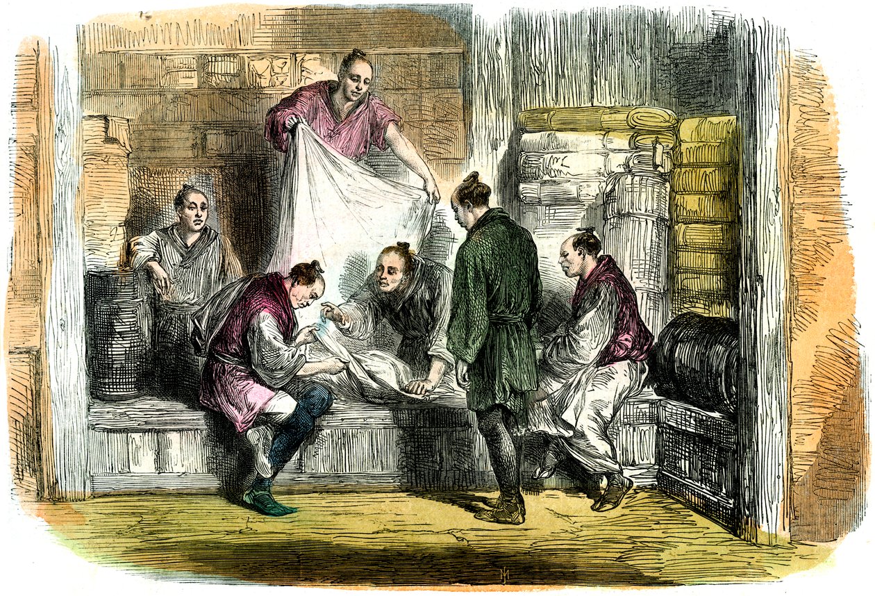 Kamlet vásárlás egy boltban, Yokohama, Japán, 1865 alkotó: Unbekannt