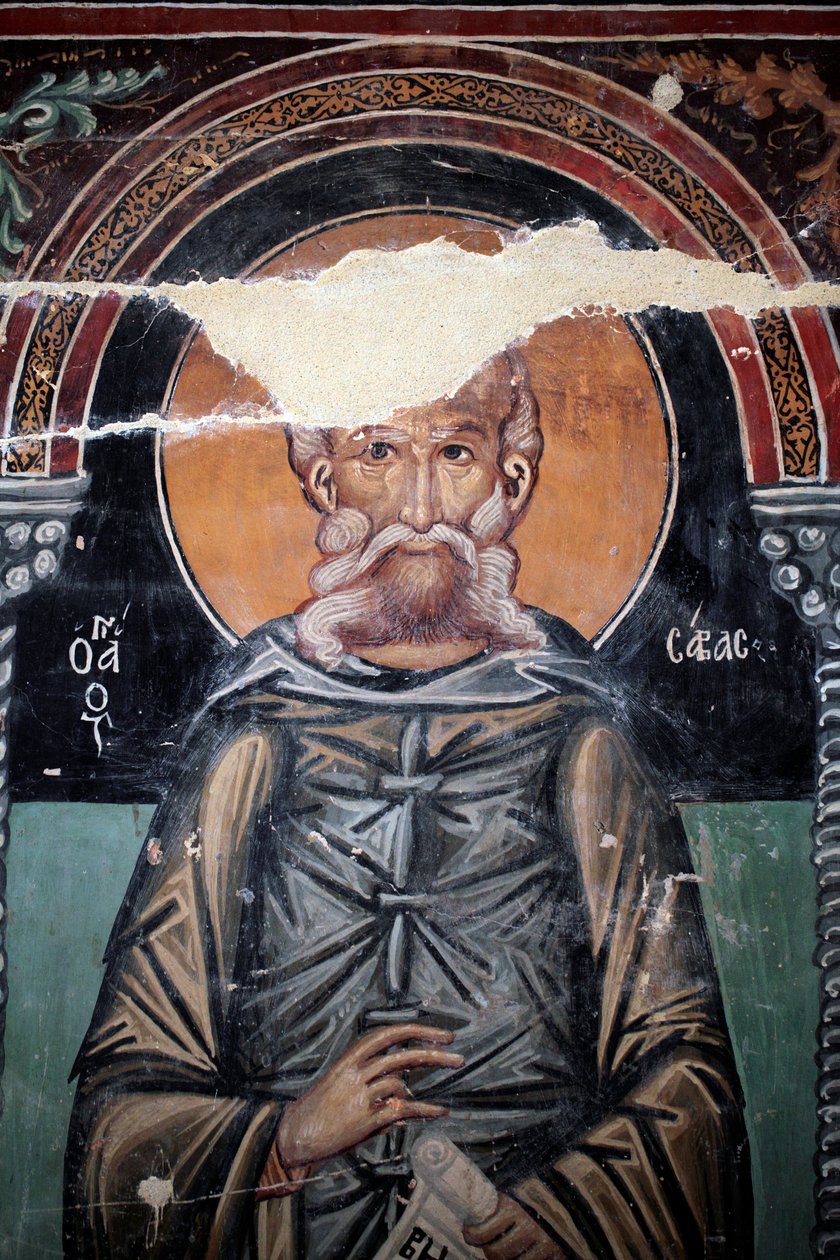 Bizánci freskó a 15. századból (részlet) Szent Sabas falfestmény Mihály arkangyal kápolna, Galata falu Ciprus Festett templomok UNESCO-hely Troodos, Ciprus alkotó: Unbekannt