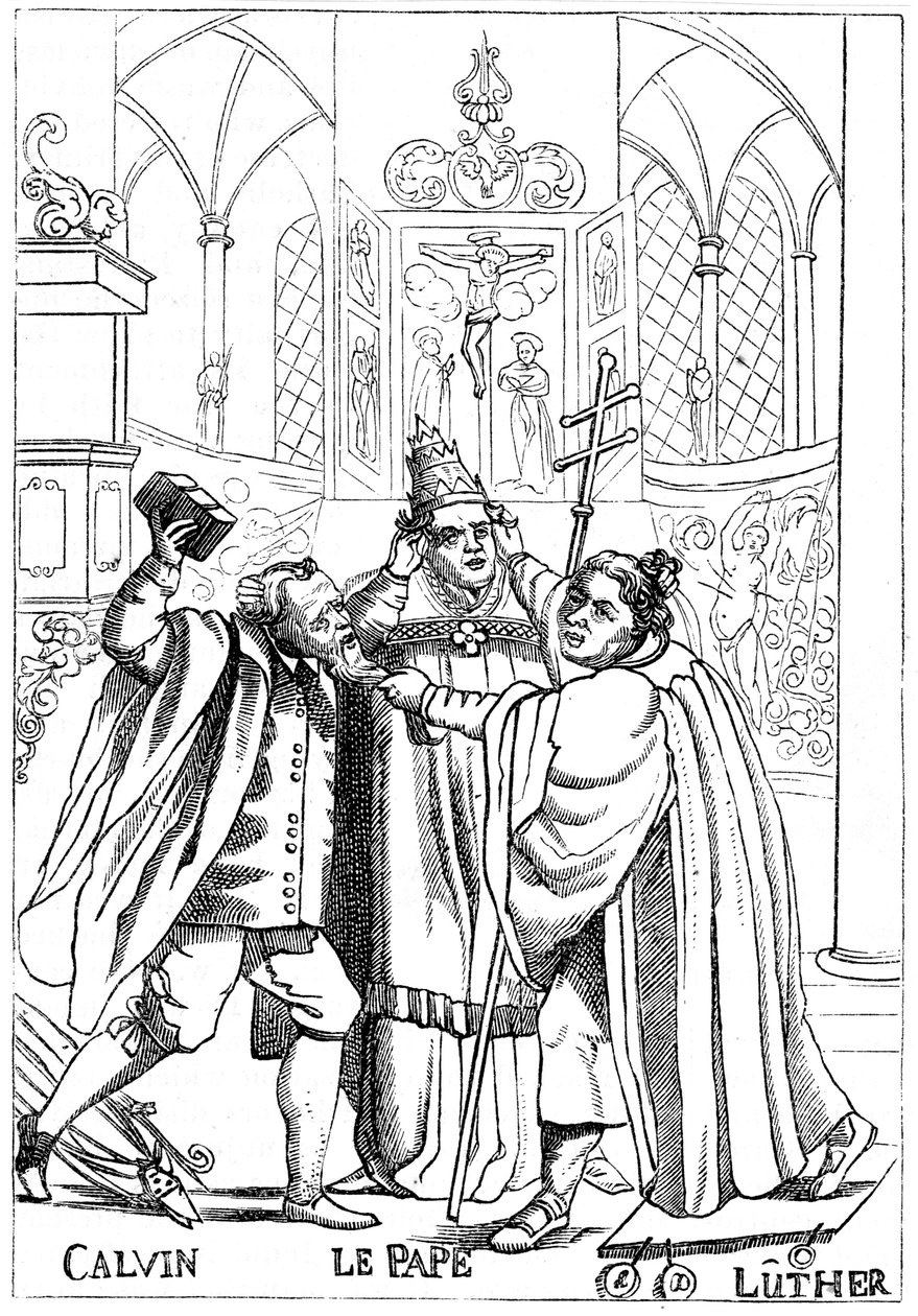 Kálvin, Luther és a pápa egymással harcolva, 1600-ban jelent meg alkotó: Unbekannt