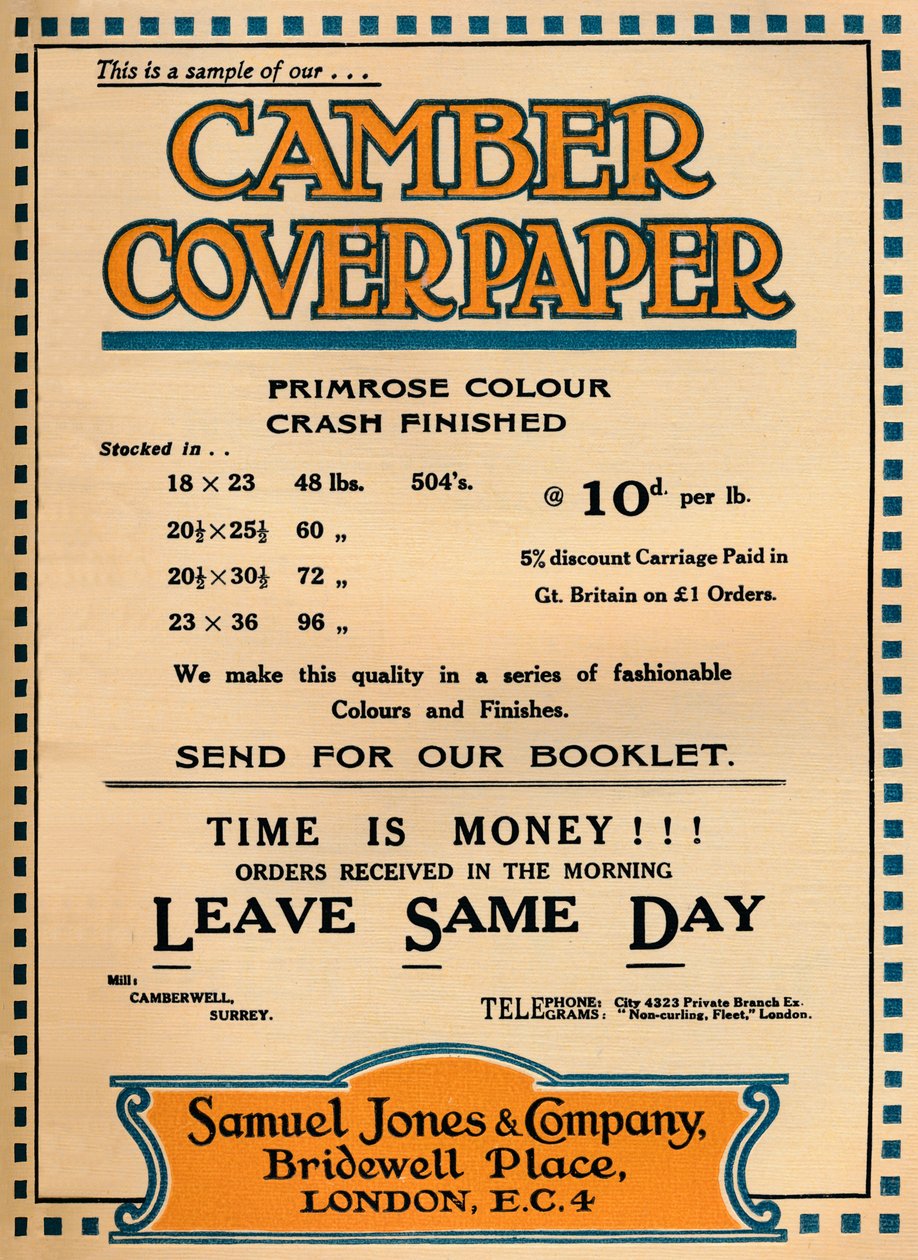 Camber Coverpaper - Samuel Jones & Company hirdetése, 1919 alkotó: Unbekannt
