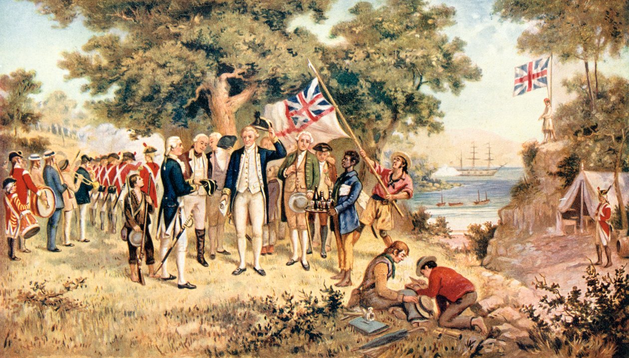 James Cook kapitány a brit korona nevében birtokba veszi Új-Dél-Walest, 1770 alkotó: Unbekannt