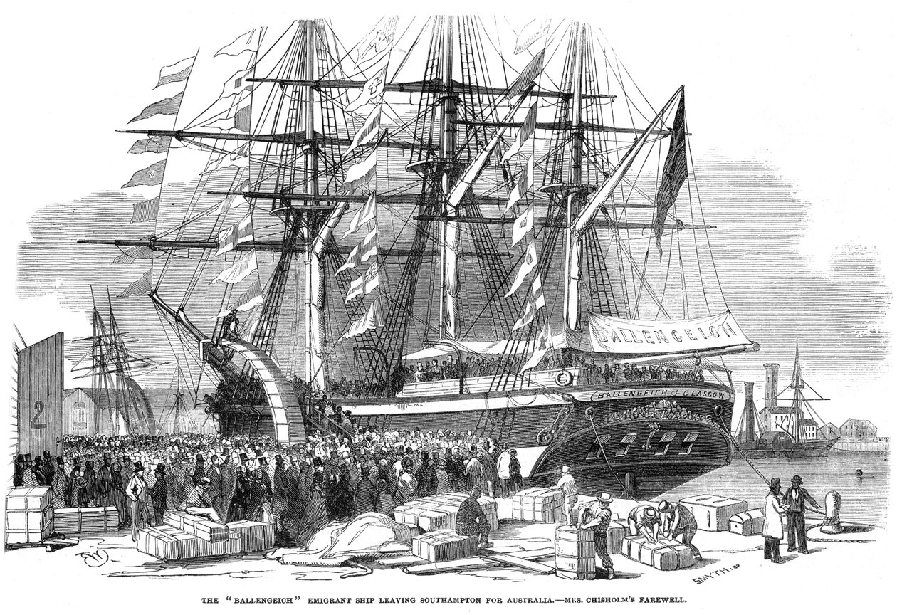 Caroline Chisholm beszédet mond a tömeghez a Ballengeich emigráns hajóról, 1852 alkotó: Unbekannt