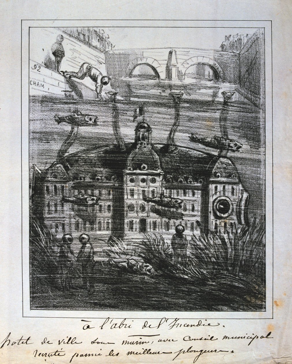 Rajzfilm javaslat a Hotel de Ville víz alatti újjáépítésére a tűz megelőzése érdekében, Párizs Kommün, 1871. alkotó: Unbekannt