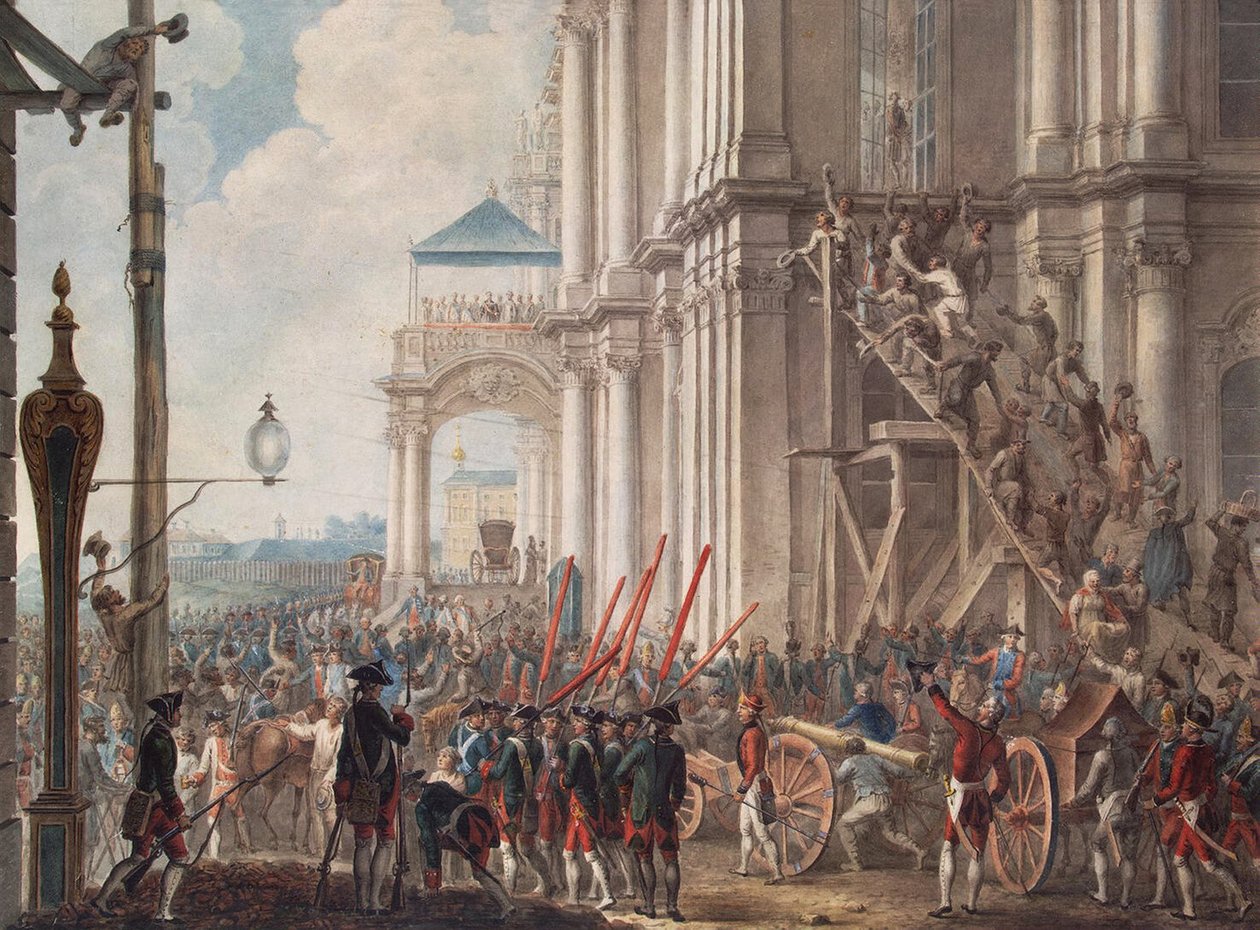 II. Katalin a Téli Palota erkélyén, a Gárda köszöntötte a palotaforradalom napján, 1762. június 28-án, 18. század végén. alkotó: Unbekannt