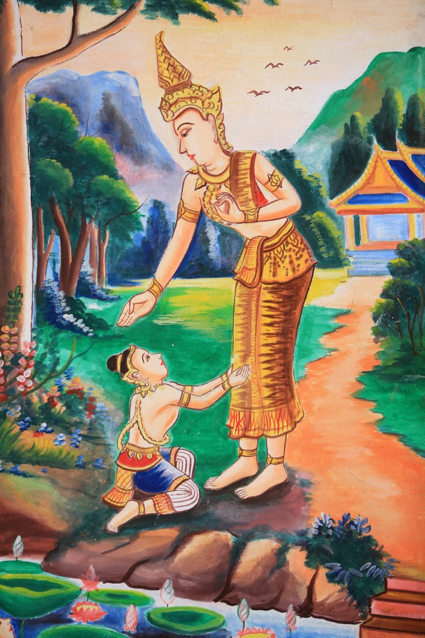 Mennyezeti alkotás, amely Buddha életét ábrázolja. Wat Si Sou Mang Karam templom. Vieng Vang. Laosz, 20151102, Vieng Vang, Laosz alkotó: Unbekannt