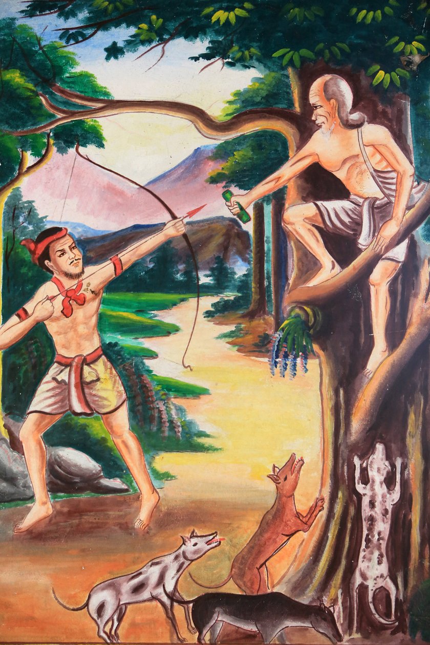 Mennyezeti alkotás, amely Buddha életét ábrázolja. Wat Si Sou Mang Karam templom. Vieng Vang. Laosz, 20151102, Vieng Vang, Laosz alkotó: Unbekannt