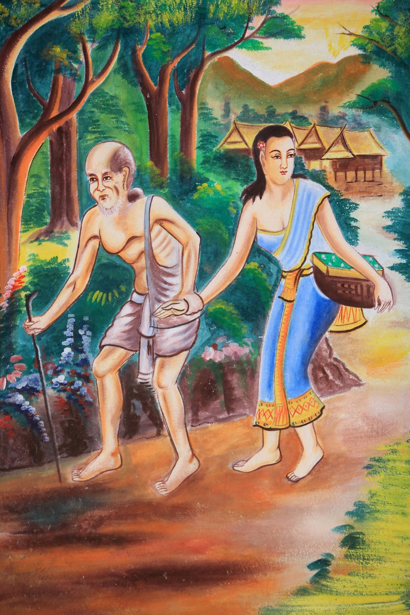 Mennyezeti alkotás, amely Buddha életét ábrázolja. Wat Si Sou Mang Karam templom. Vieng Vang. Laosz, 20151102, Vieng Vang, Laosz alkotó: Unbekannt
