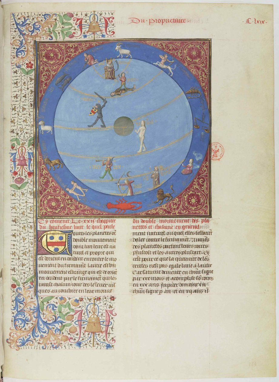 Égi szférák, bolygók és állatövök. Miniatűr a Livre des proprietés des choses c. 1480. alkotó: Unbekannt