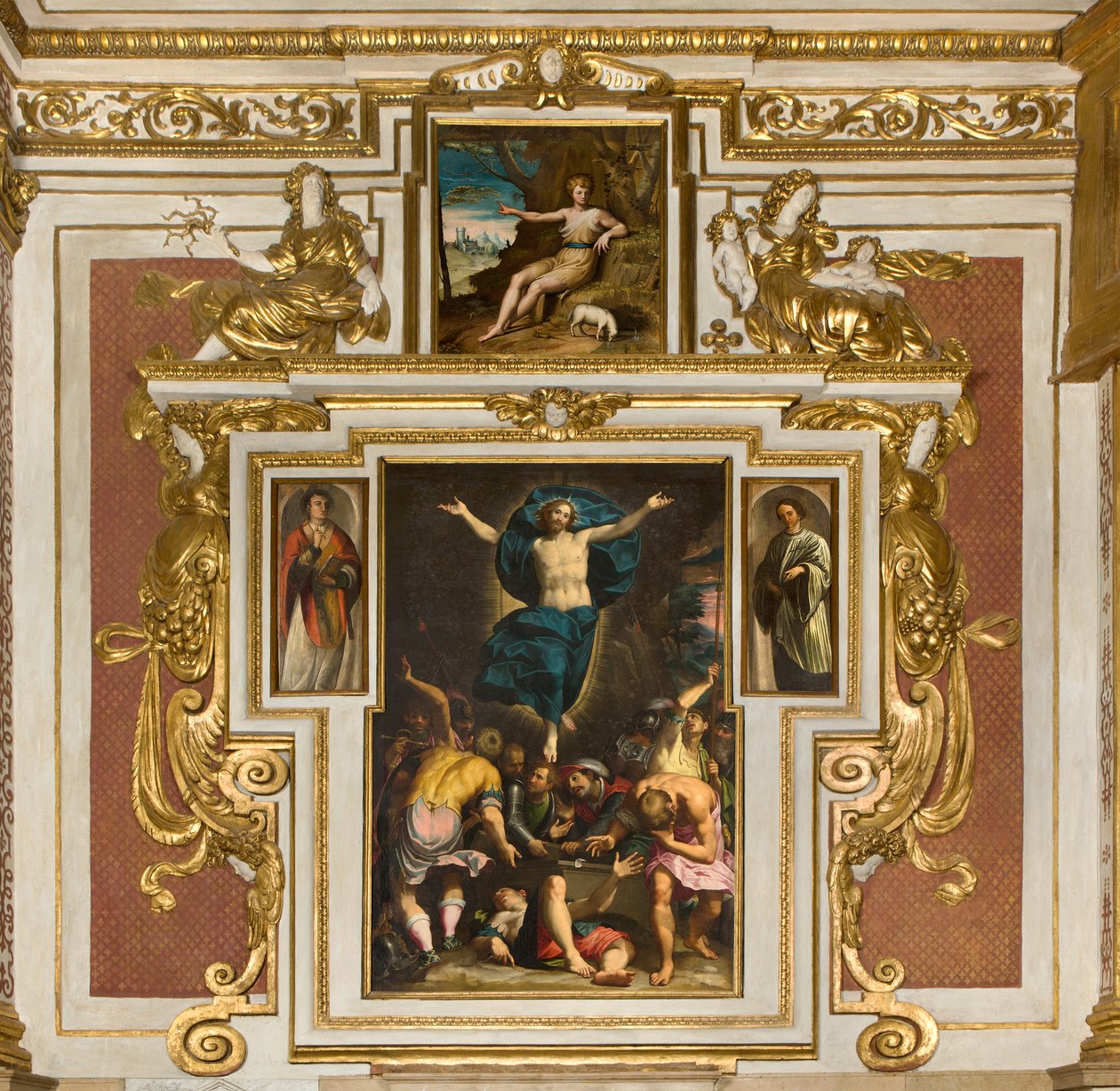Népünk Boldogasszonya kápolna, déli oldal második szakasza, Malossoként ismert Giovan Battista Trotti, Feltámadás 1594, Bernardino Campi, San Giovanni nel desert 1569, Santa Maria Assunta katedrális, Dóm, Cremona, Lombardia, Olaszország (fotó) alkotó: Unbekannt